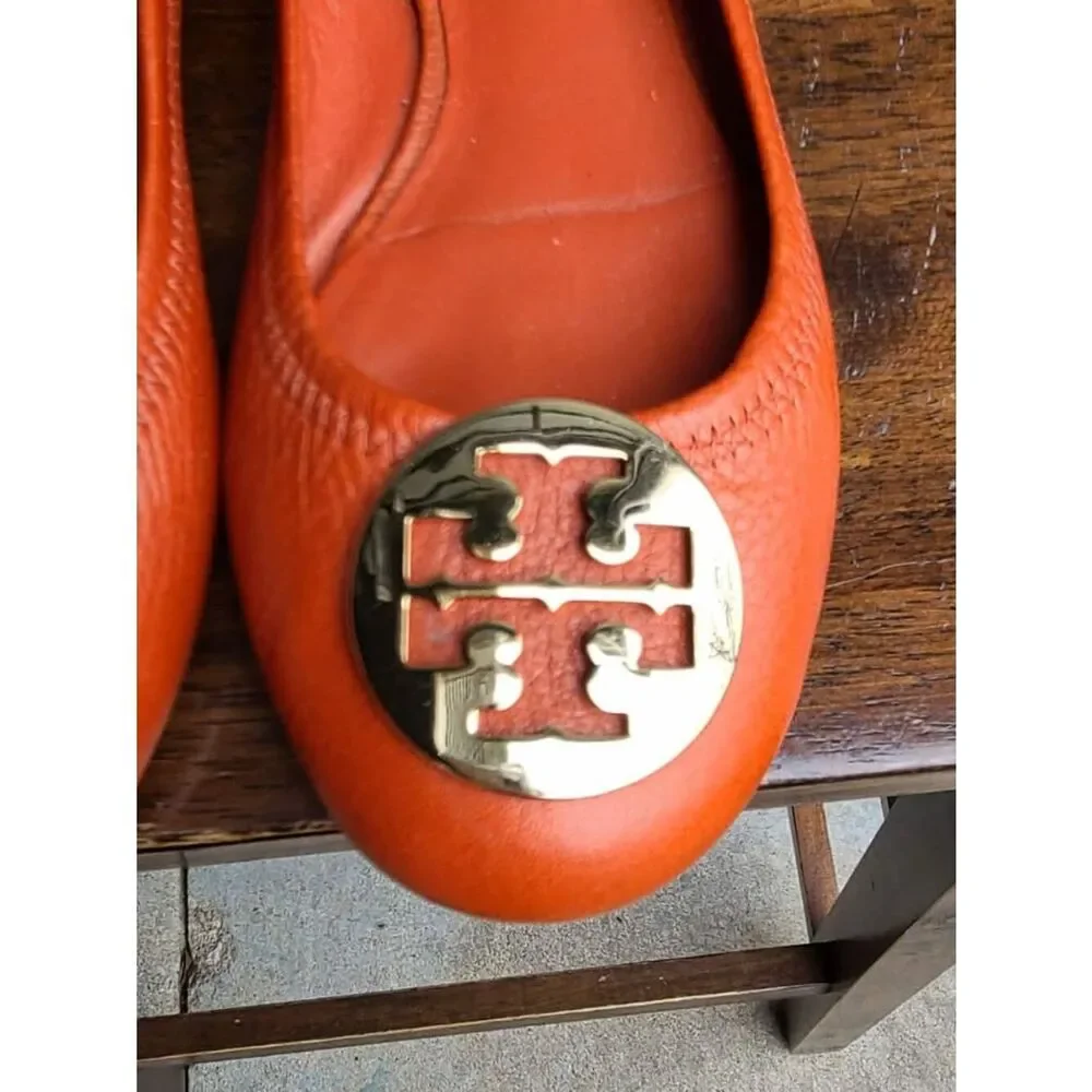 Tory Burch Orange Leather Minnie Ballet Flat Gold Logo size 8